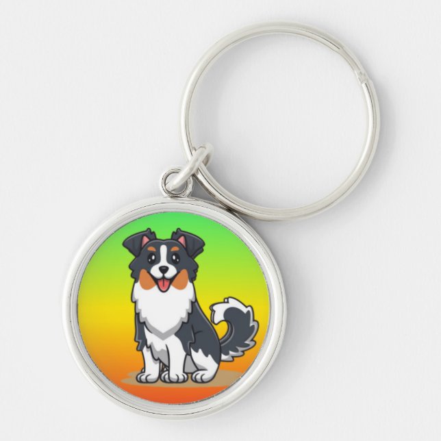 Söt australisk herdehund-23144 rund silverfärgad nyckelring (Framsidan)