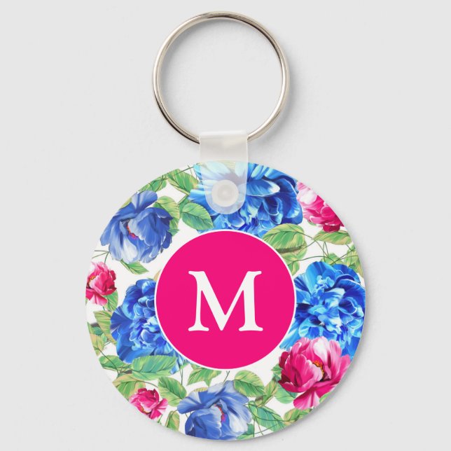 Söt av Bright Rosa och Blue Blommigt Monogram Nyckelring (Framsida)