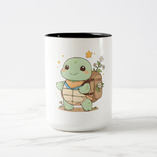Söt äventyrlig sköldpadda Resenär Kawaii-design Två-Tonad Mugg