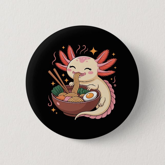 Söt Axolotl äter Ramen Nudlar Knapp (Framsida)