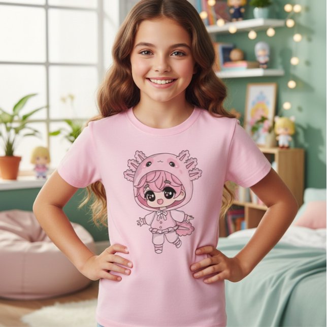 Söt Axolotl Flicka Chibi Barn T-Shirt (Skapare uppladdad)