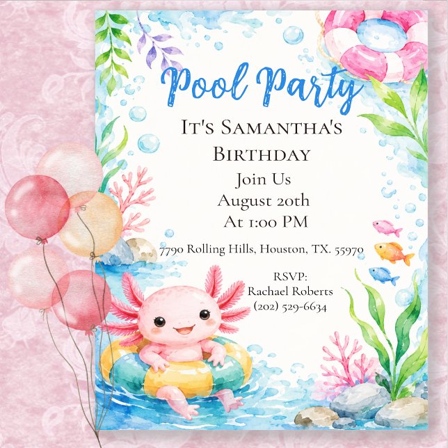 Söt Axolotl Födelsedags Pool Fest Inbjudningar (Skapare uppladdad)