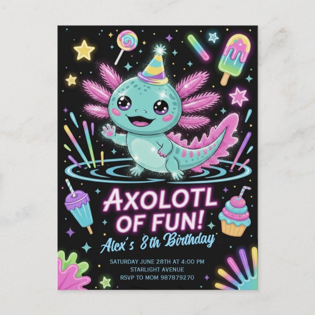 Söt Axolotl Födelsedagsfest Inbjudan Vykort (Framsida)