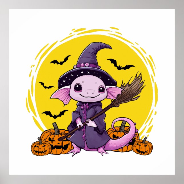 Söt Axolotl Häxa Halloween Poster (Framsidan)