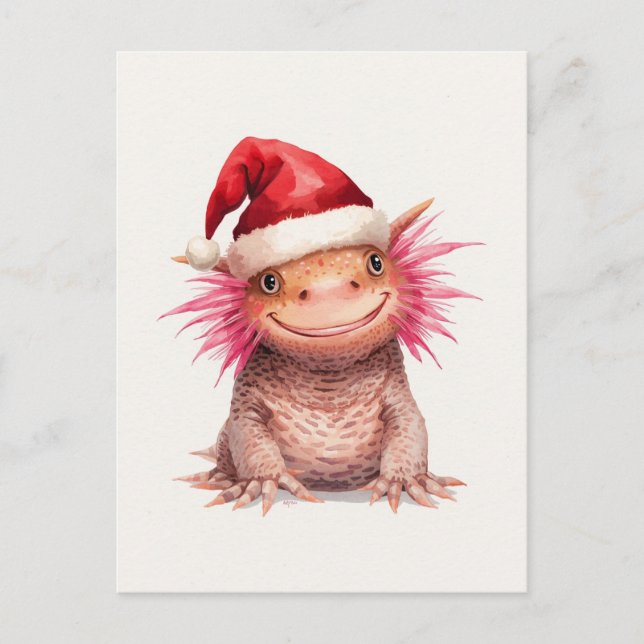 Söt Axolotl i tomteluva Vattenfärg Helg Vykort (Framsida)