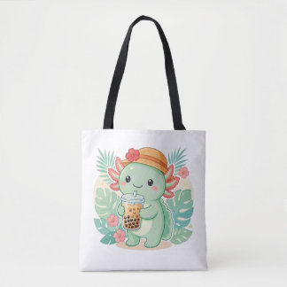 Söt Axolotl som dricker Boba Milk Tea Toteväska Tygkasse