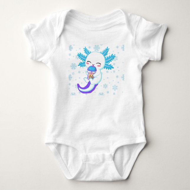 Söt Axolotl som dricker Boba | Vinter Bubble Tea T Shirt (Framsida)