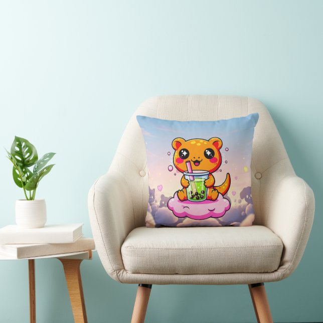 Söt Axolotl som Dricker Rosa Boba-Te Kawaii Kudde (Stol)