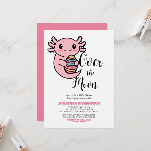 Söt axolotl som håller påskägg över månen inbjudningar (Fram/Back In Situ)