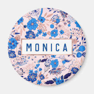 Söt Azure Blue Rosa Blommigt Illustration M Magnet