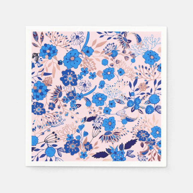 Söt Azure Blue  Rosa Blommigt Illustration Pappersservett (Framsidan)