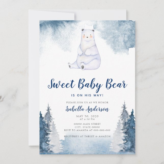Söt Baby Bear Winter Snö Blue Boy Shower Inbjudningar (Framsida)