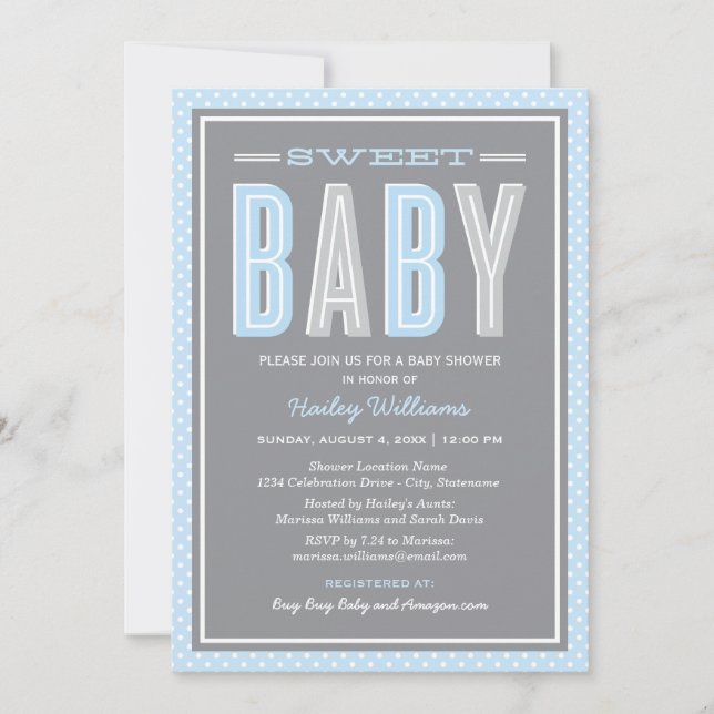 Söt Baby Blå Grå Fet Stils Baby Pojke Babyshower Inbjudningar (Framsida)