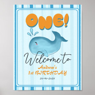 Söt baby blå val 1-års födelsedags välkomstskylt poster
