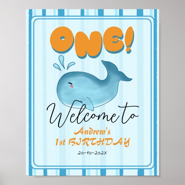 Söt baby blå val 1-års födelsedags välkomstskylt poster (Framsidan)