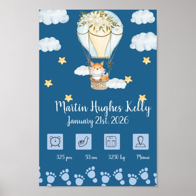 Söt Baby Blue Varm Luftballong Present - Babydata Poster (Framsidan)