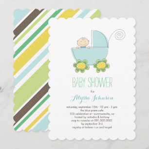 Söt baby boy blå barnvagn baby shower inbjudan