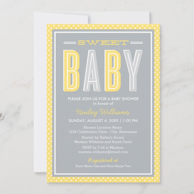 Söt Baby Chic Gult och Grått Baby Shower Inbjudningar (Framsida)