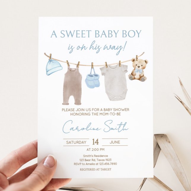 Söt Baby Clothesline Baby Shower Inbjudningar (Sweet Baby Boy Clothesline Baby Shower Invitation)