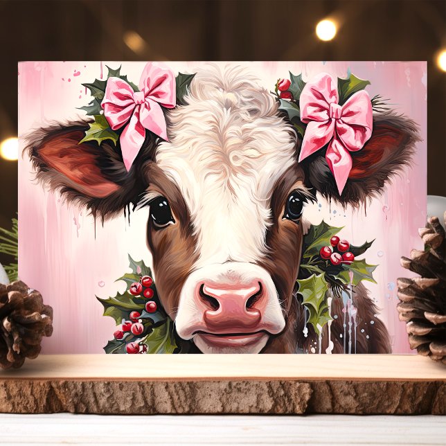 Söt Baby Cow med Rosa Bows-jul Helgkort (Skapare uppladdad)