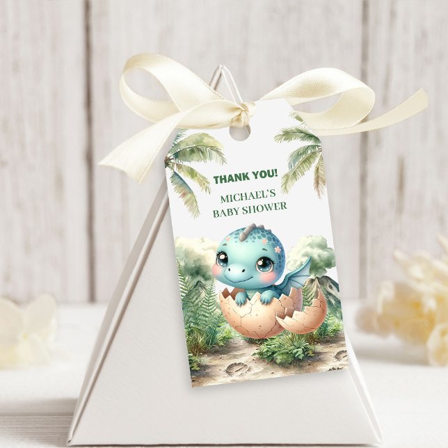 Söt baby-dino kläcks snart duschpresentkort presentetikett (Cute Baby Dino Hatching Soon Shower Gift Tags)