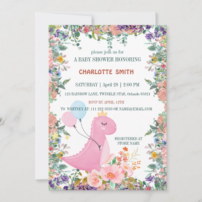 Söt Baby dinosauaur krona ballongövertoning flora Inbjudningar (Framsida)