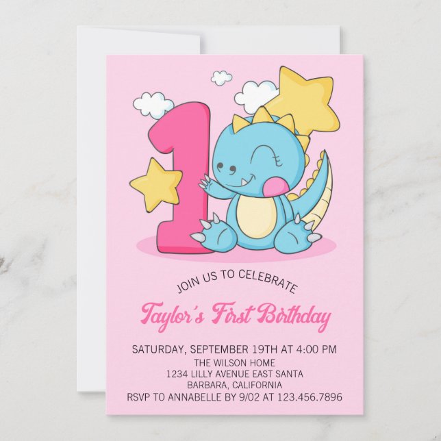 Söt baby dinosaurie 1-års födelsedagsinbjudan inbjudningar (Framsida)