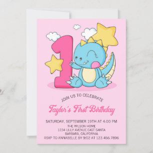 Söt baby dinosaurie 1-års födelsedagsinbjudan inbjudningar