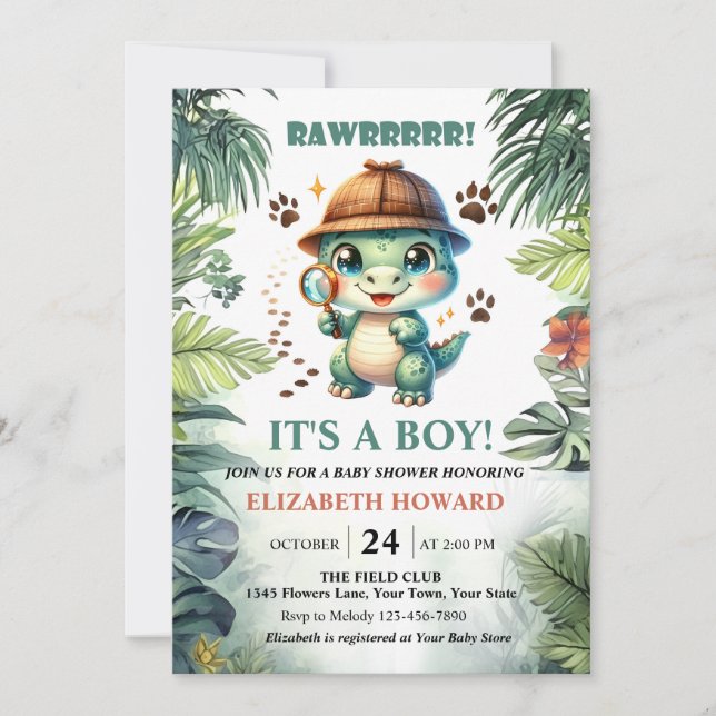 Söt Baby Dinosaurie Bebis Shower Inbjudan (Framsida)