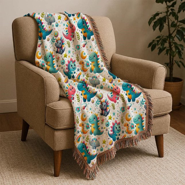 Söt baby-dinosaurie Teal Färgglad Dino-kast Blanke Filt (Cute Baby Dinosaur Teal Colorful Dino Throw Blanket)