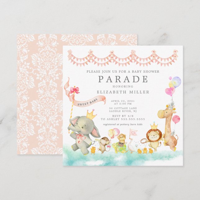 Söt Baby djur Parad Baby Shower-inbjudan Inbjudningar (Fram/baksida)