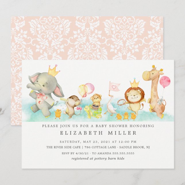 Söt Baby djur Parad Baby Shower Inbjudningar (Fram/baksida)