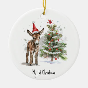 Söt baby donkey och julgran, anpassade julgransprydnad keramik