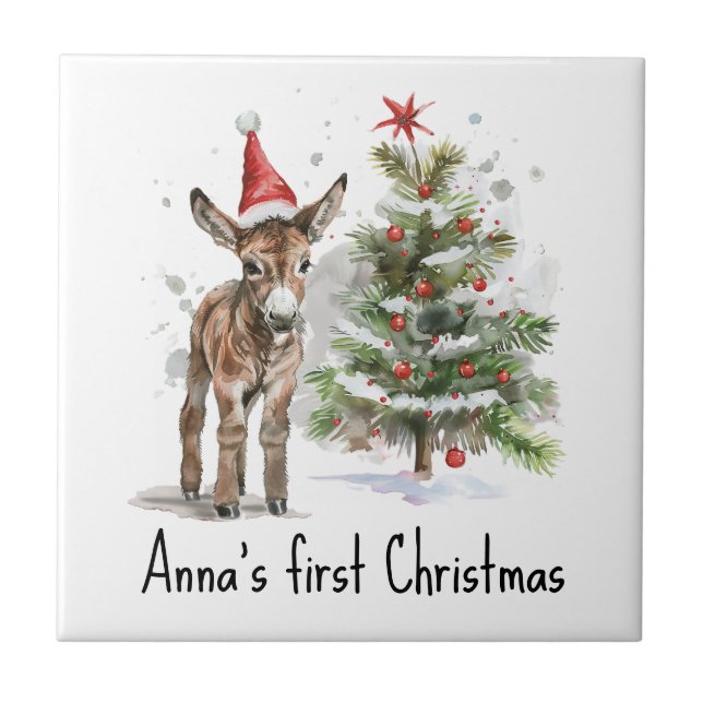 Söt baby donkey och julgran, anpassade kakelplatta (Framsidan)