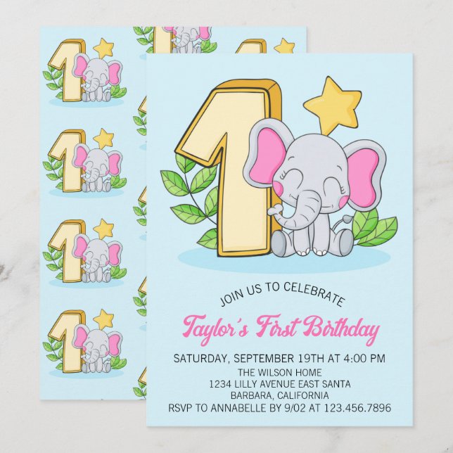 Söt baby elefant 1-års födelsedagsfest inbjudan (Fram/baksida)