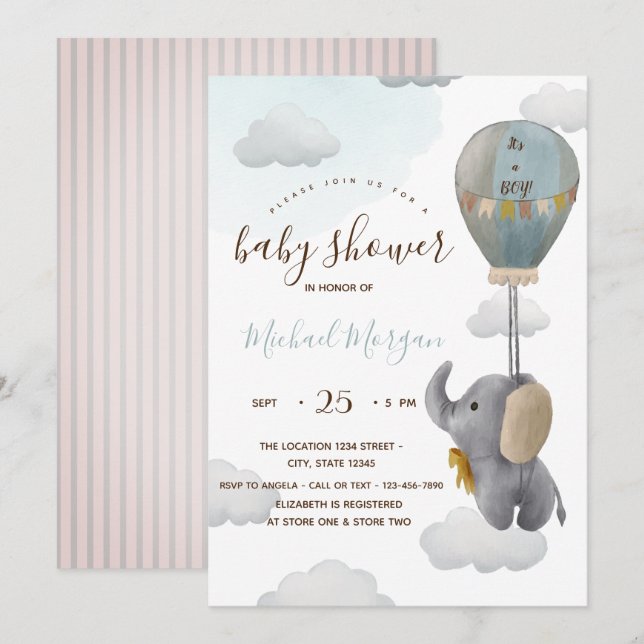 Söt baby elefant ballong ränder baby shower inbjudningar (Fram/baksida)