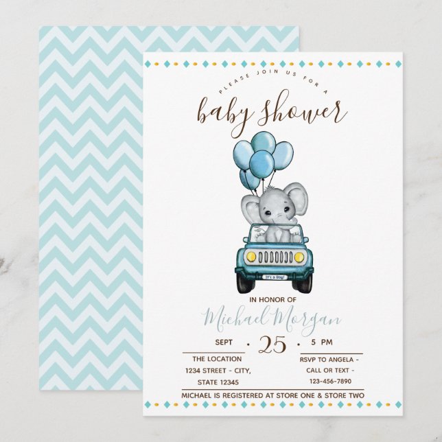 Söt baby elefant bil, sicksack baby shower  inbjudningar (Fram/baksida)