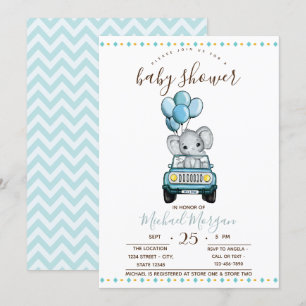 Söt baby elefant bil, sicksack baby shower inbjudningar