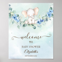 Söt baby elefant blå rosor poster