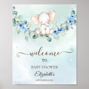Söt baby elefant blå rosor poster