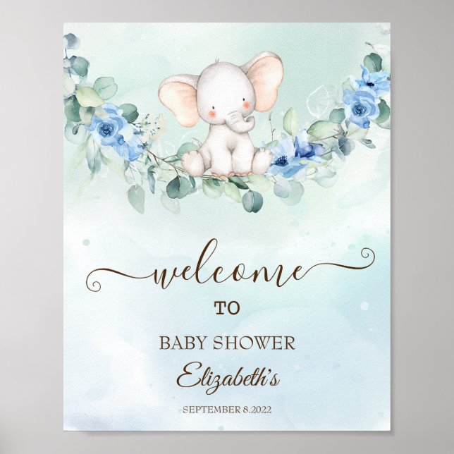 Söt baby elefant blå rosor poster (Framsidan)