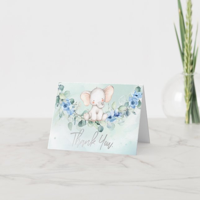 Söt baby elefant blå rosor tack kort (Framsida)