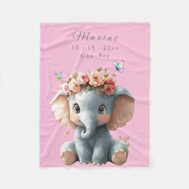 Söt baby elefant fjärilar blommor fleecefilt (Framsidan)