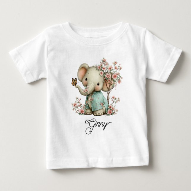 Söt baby elefant i körsbärsblom t shirt (Framsida)