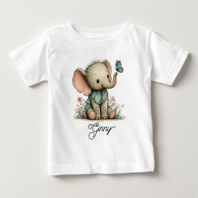 Söt baby elefant med blå fjäril t shirt (Framsida)