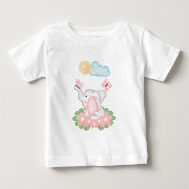 Söt baby elefant med rosa blommor t shirt (Framsida)