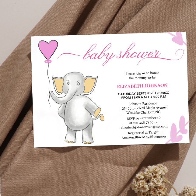 Söt baby-elefant med rosa hjärtbabydusch inbjudningar (Skapare uppladdad)