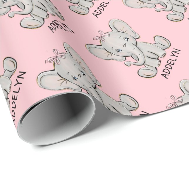 Söt baby elefant rosa litet flicknamn  Wrappi Presentpapper (Rullad Hörn)