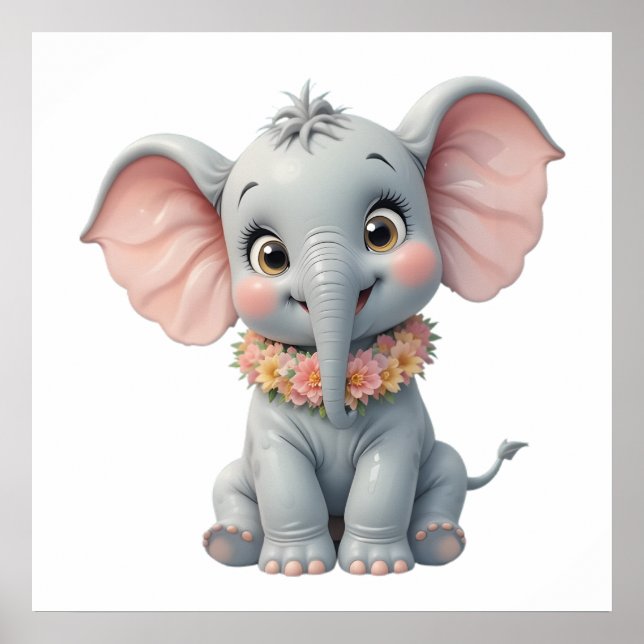 Söt Baby Elefant Väggkonst – Barnkammarsaffisch  (Framsidan)