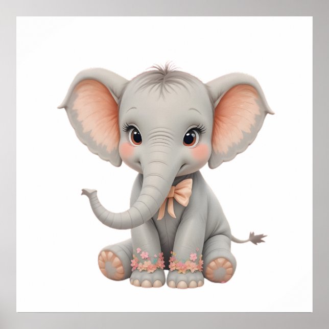Söt Baby Elefant Väggkonst – Nursery Affisch  (Framsidan)